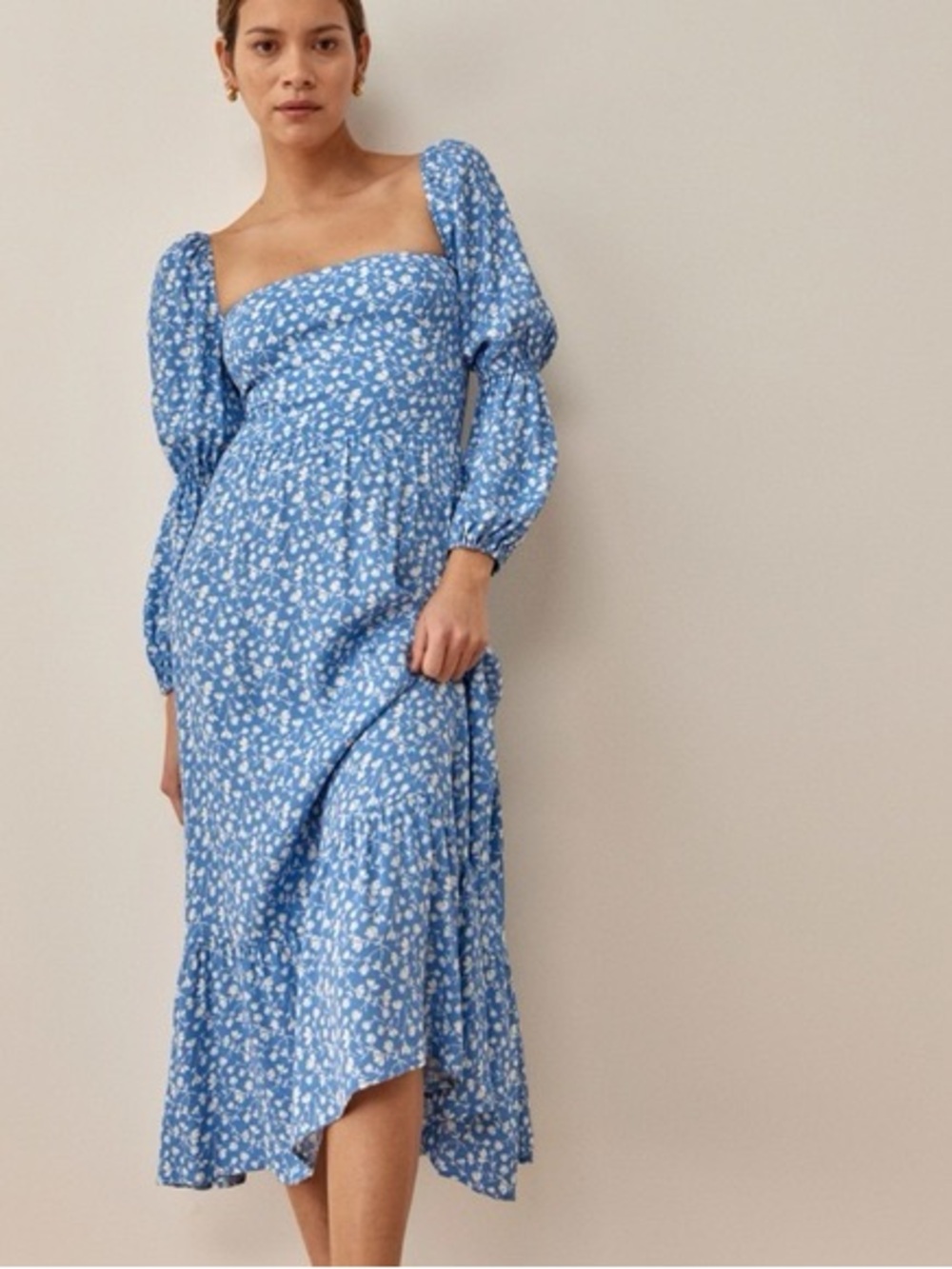Reformation Mica ES Floral Marie Square Neck Midi Dress Blue Size 12 - Picture 2 of 14